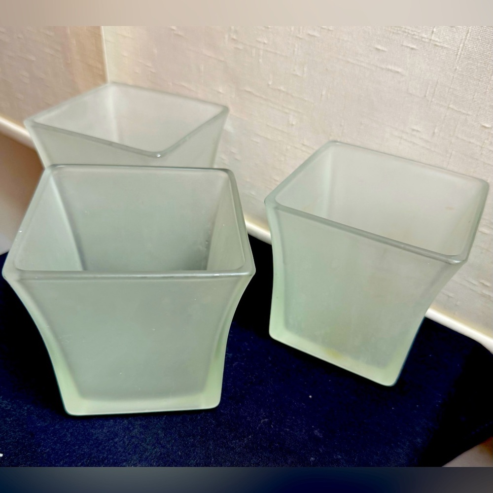 3 frosted, white, cube vases 4”.